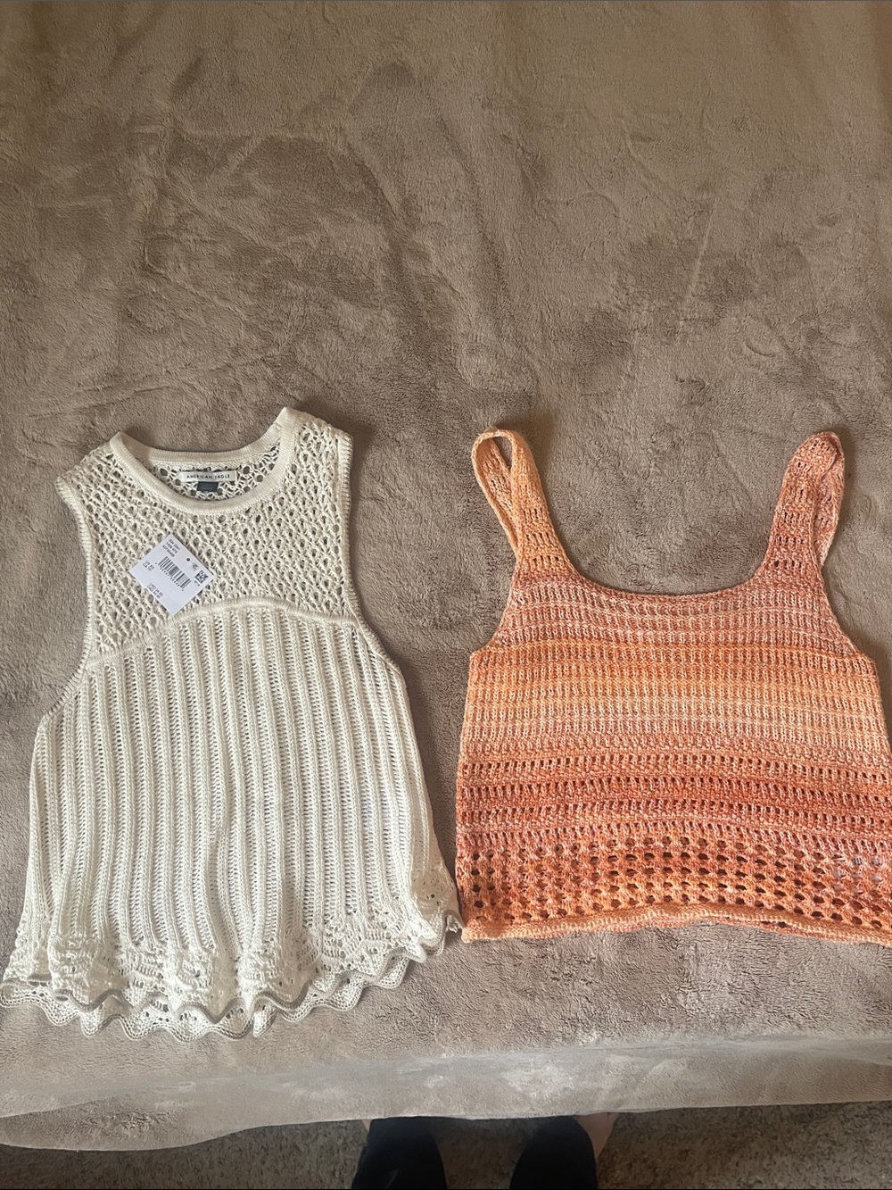 American Eagle Cream Crochet Sleeveless Top & Orange Ombre Crochet Tank Duo